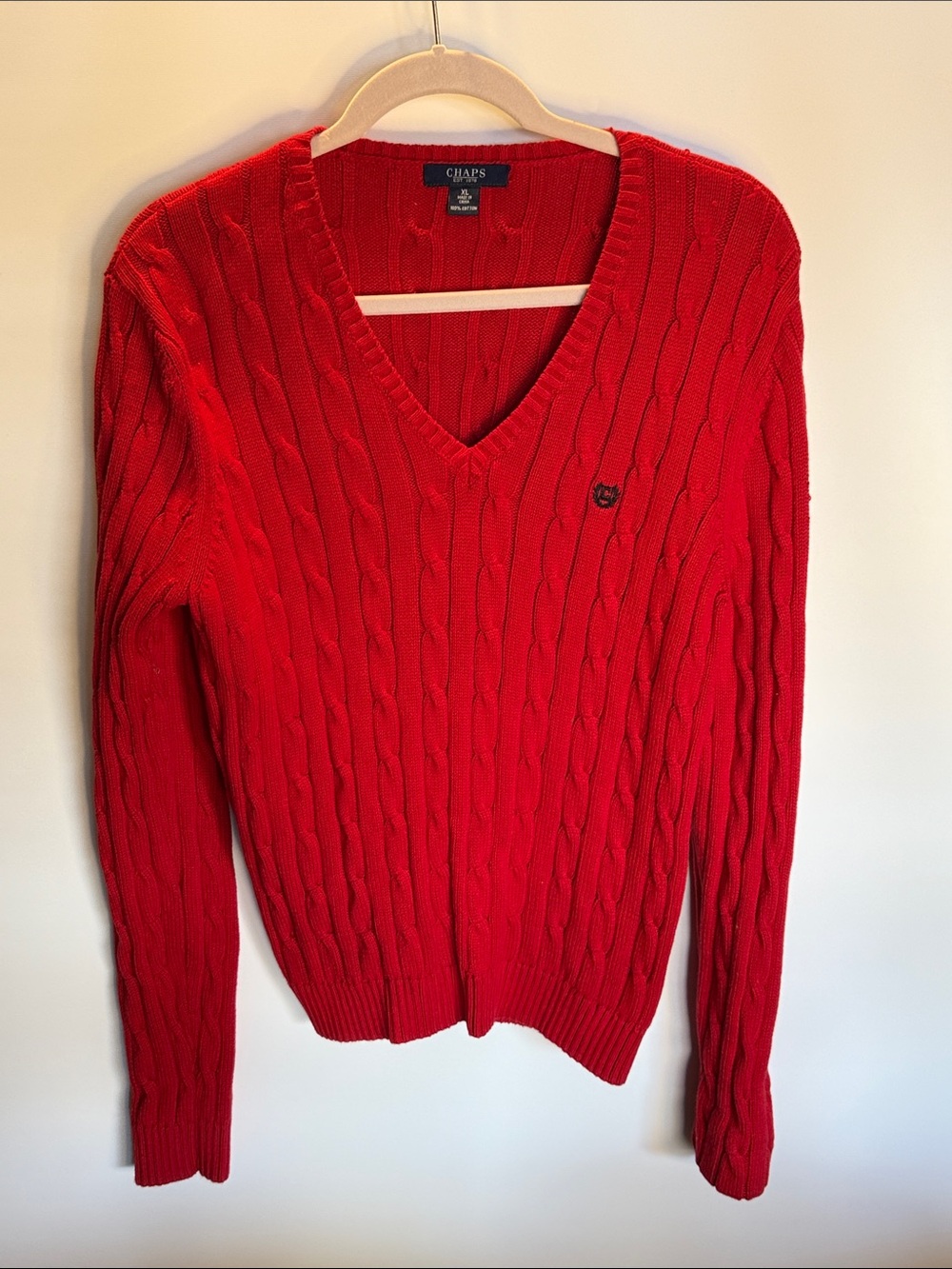 Chaps Woman's Bright Red Cable V-Neck Sweater Size: XL